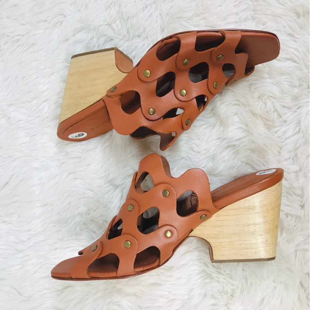 RACHEL COMEY Brown Leather Mule Clog Wedge Sandal Tawny Woven Stud Size 6 - Picture 5 of 13